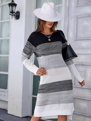 Платье-свитер Контрастный асимметричный с разрезом без пояса