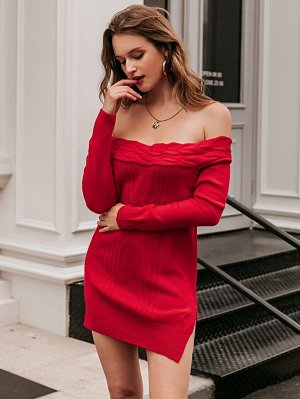 Simplee Вязаное платье-свитер с открытыми плечами без пояса
