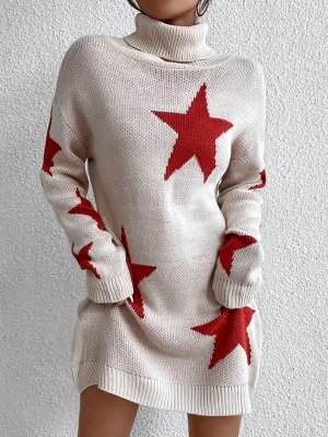 Платье-свитер с узором звезды с высоким воротником без пояса