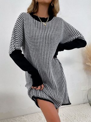 Двухцветный текстурированный Вязаный свитер Платье без пояса