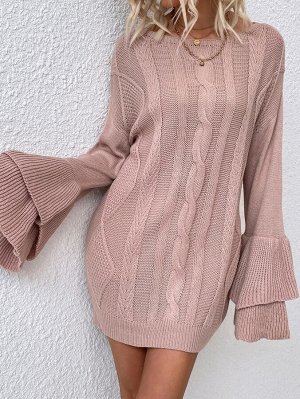 Платье-свитер вязаный многослойный с рукавами-воланами без пояса