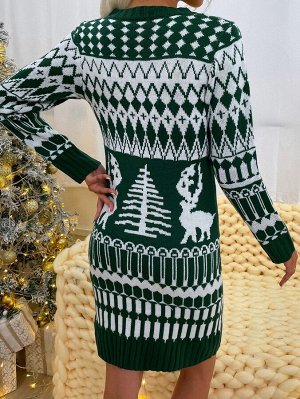 Платье-свитер оленя и с геометрическим узором