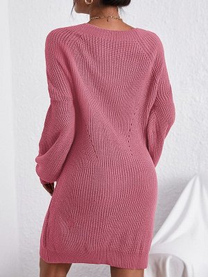 Вязаное платье-свитер с рукавом-реглан в рубчик без пояса
