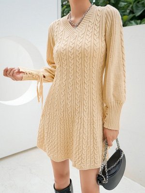 DAZY Платье-свитер вязаный с рукавами-фонариками на шнуровке открытый