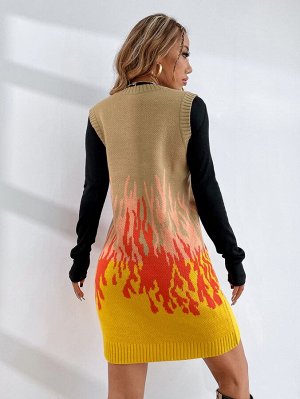 Платье-свитер с огненным принтом Контрастный с v-образным вырезом