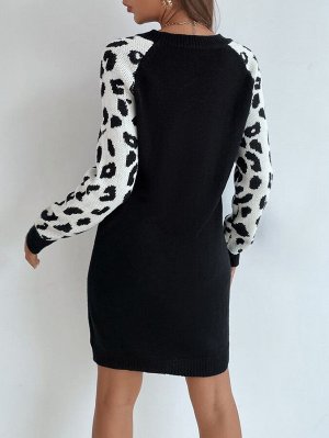 Платье-свитер с карманами и рукавами реглан с леопардовым принтом