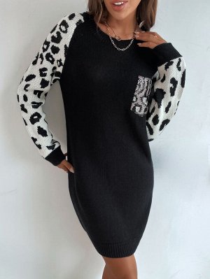 Платье-свитер с карманами и рукавами реглан с леопардовым принтом