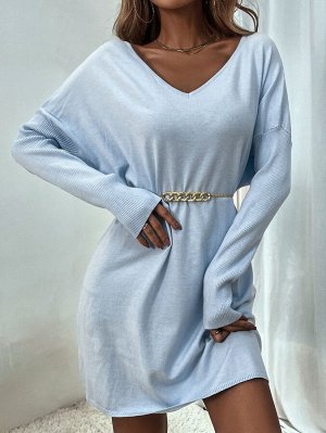 Платье-свитер с v-образным вырезом с рукавами "летучая мышь" без пояса