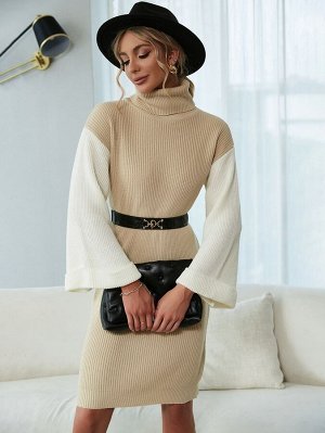 Платье-свитер с высоким воротником с рукавом "колокол" без пояса
