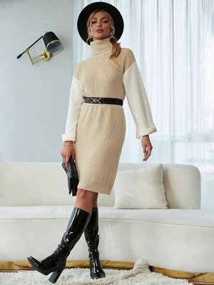 Платье-свитер с высоким воротником с рукавом "колокол" без пояса