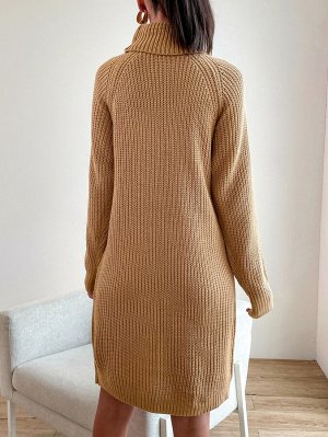 Платье-свитер с рукавом-реглан с высоким воротником без пояса