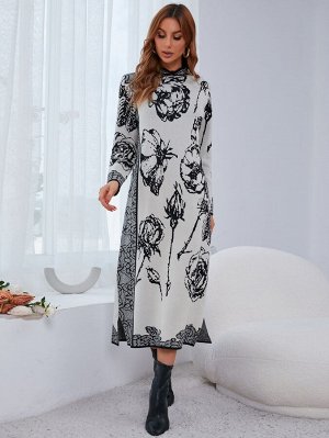 Платье-свитер с цветочным узором и воротником-стойкой