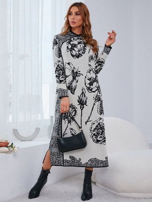 Платье-свитер с цветочным узором и воротником-стойкой