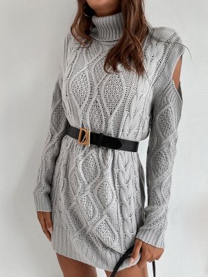 Платье-свитер с высоким воротником с узором аргайл открытыми плечами без пояса