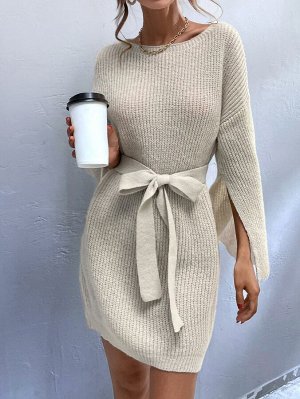 Платье-свитер рукав с разрезом с поясом