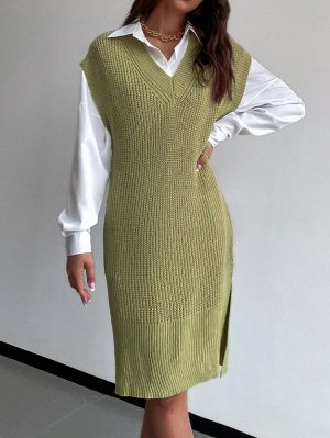 Платье-свитер высоким разрезом без рукавов без пояса