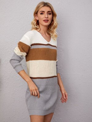 EMERY ROSE Платье-свитер контрастный с v-образным вырезом