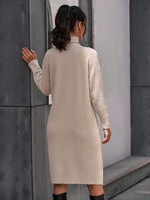 Платье-свитер с высоким воротником с рукавом-реглан без пояса