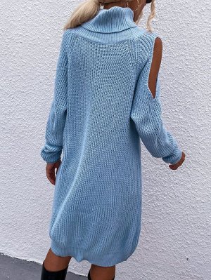 Платье-свитер с высоким воротником с разрезом с рукавом-реглан без пояса
