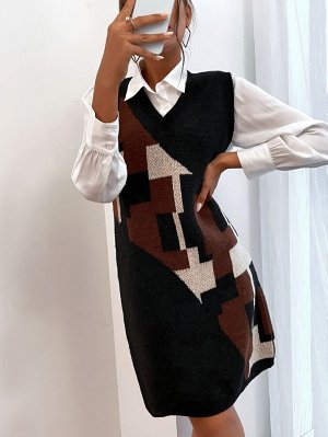 Платье-свитер с геометрическим узором контрастный без блузки