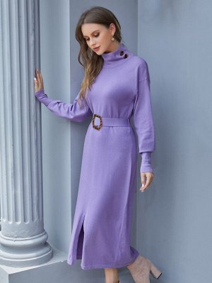 Платье-свитер с воротником-стойкой с разрезом с поясом