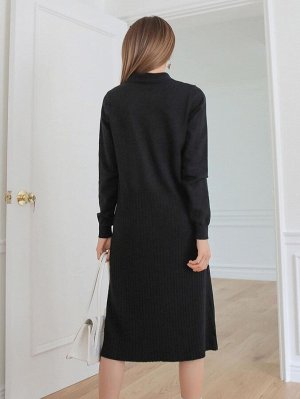 DAZY Вязаное платье-свитер в рубчик с воротником-бантом