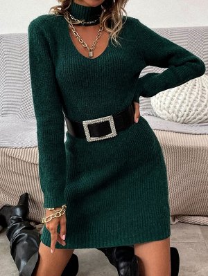 Однотонное облегающее платье-свитер без ремня