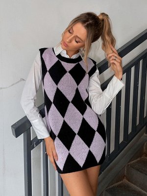 Платье-свитер с узором аргайл без рукавов