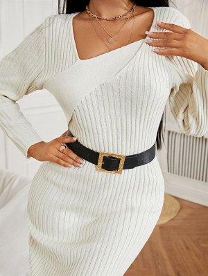Трикотажное платье-свитер с асимметричным воротником в рубчик без ремня