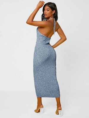 SXY 1шт Платье-свитер в рубчик с разрезом открытой спиной халтер