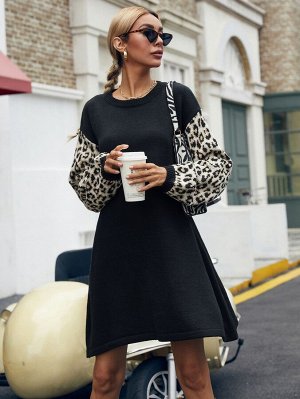Платье-свитер с леопардовым принтом с рисунком без пояса