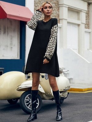 Платье-свитер с леопардовым принтом с рисунком без пояса