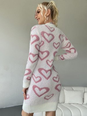 Платье-свитер с узором сердечка с воротником-стойкой плюшевый вязаный