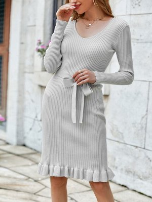 Simplee Платье-свитер с оборками в рубчик с поясом