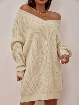 Платье-свитер с рукавами-фонариками в рубчик