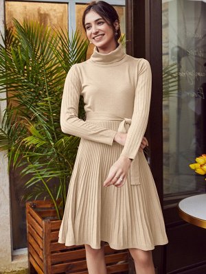 Simplee Вязаное платье-свитер в рубчик с поясом и высоким воротником