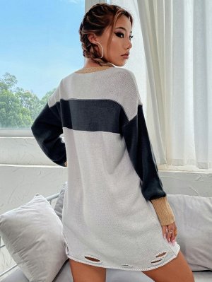 Контрастный Рваный свитер Платье без пояса
