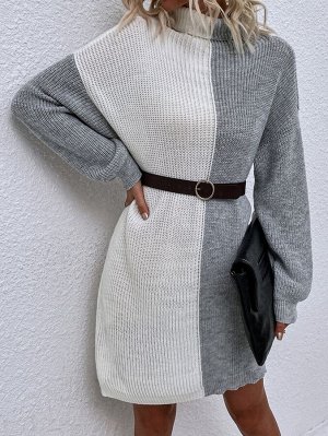 Платье-свитер с высоким воротником двухцветный без пояса