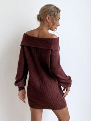 Платье-свитер с открытыми плечами складной с рукавами-фонариками без пояса