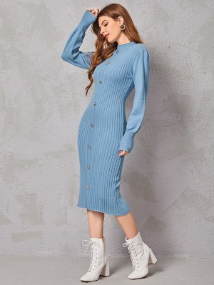 Платье-свитер в рубчик с рукавами-фонариками пуговица