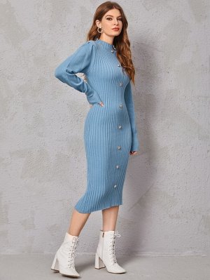 Платье-свитер в рубчик с рукавами-фонариками пуговица