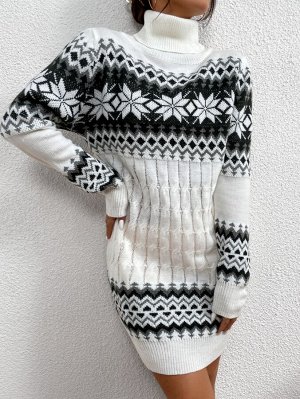 Платье-свитер с геометрическим узором с высоким воротником без пояса