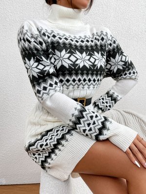 Платье-свитер с геометрическим узором с высоким воротником без пояса