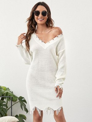 Платье-свитер с v-образным вырезом рваный