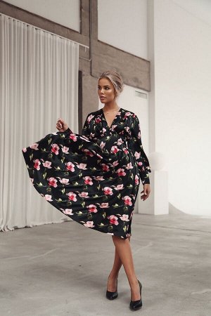 Платье-миди с эффектом корсетного пояса из сатина с цветочным принтом
