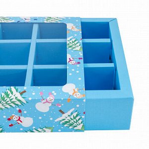 Коробка для 9 конфет с разделителями "Снеговики и елки" с окном