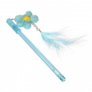 Ручка гелевая синяя с подвеской - брелоком в форме цветка из нитей с пером, 0,5мм, пл., 4 цв.