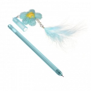 Ручка гелевая синяя с подвеской - брелоком в форме цветка из нитей с пером, 0,5мм, пл., 4 цв.