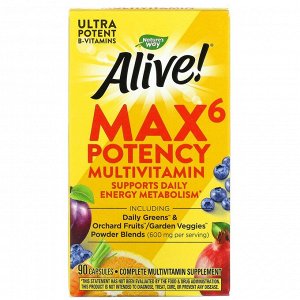Nature&#039;s Way, Alive! Max6 Daily, мультивитаминный комплекс, 90 растительных капсул