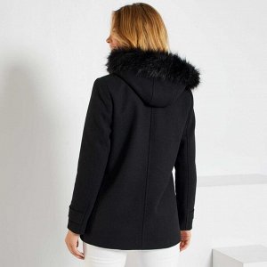 Пальто с капюшоном из материала под шерсть - черный